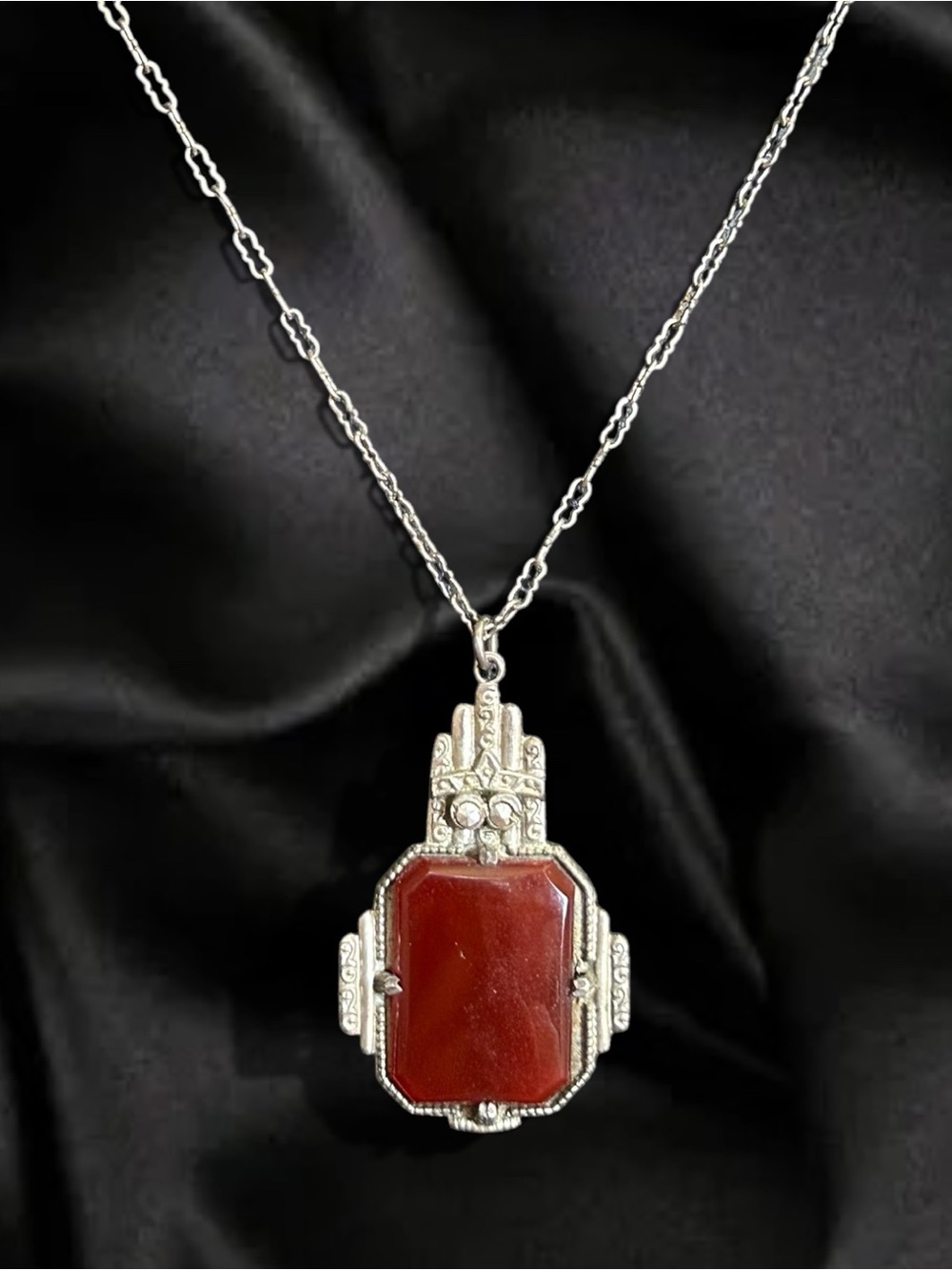 Art Deco Sterling Silver Marcasite & Carnelian Necklace